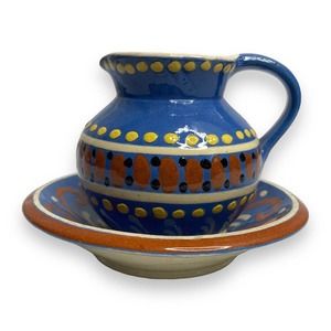 VTG West Germany Redware Folk Art Pottery Pitcher Bowl Hand Painted Handarbeit